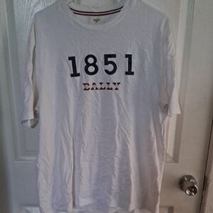 Bally White Tee with Navy and Red Graphic